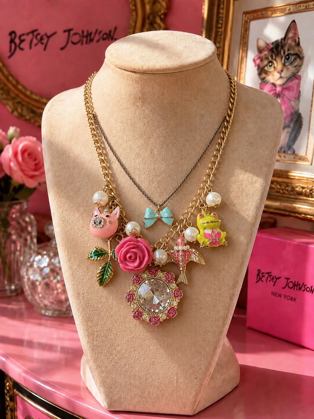 Vintage Betsey Johnson Pink Floral & Charm Statement Necklace